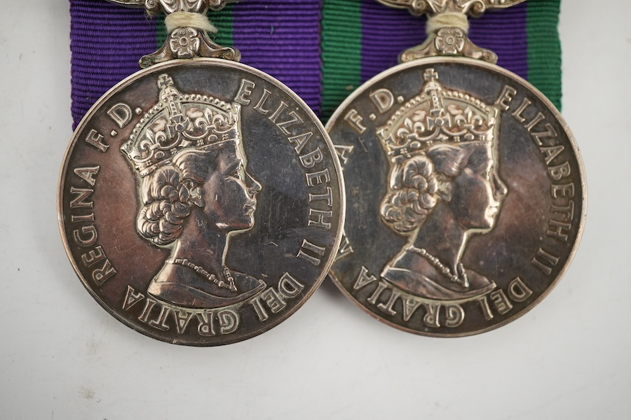 A QEII medal pair, both General Service Medals, awarded to P.K.R. Ross, one medal awarded whilst he was a Second Lieutenant in the Northamptonshire regiment with a clasp for Arabian Peninsula